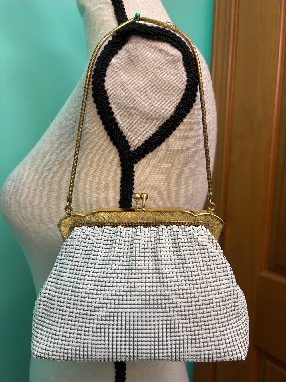 Oroton Vintage White Beaded Clutch with Gold Frame